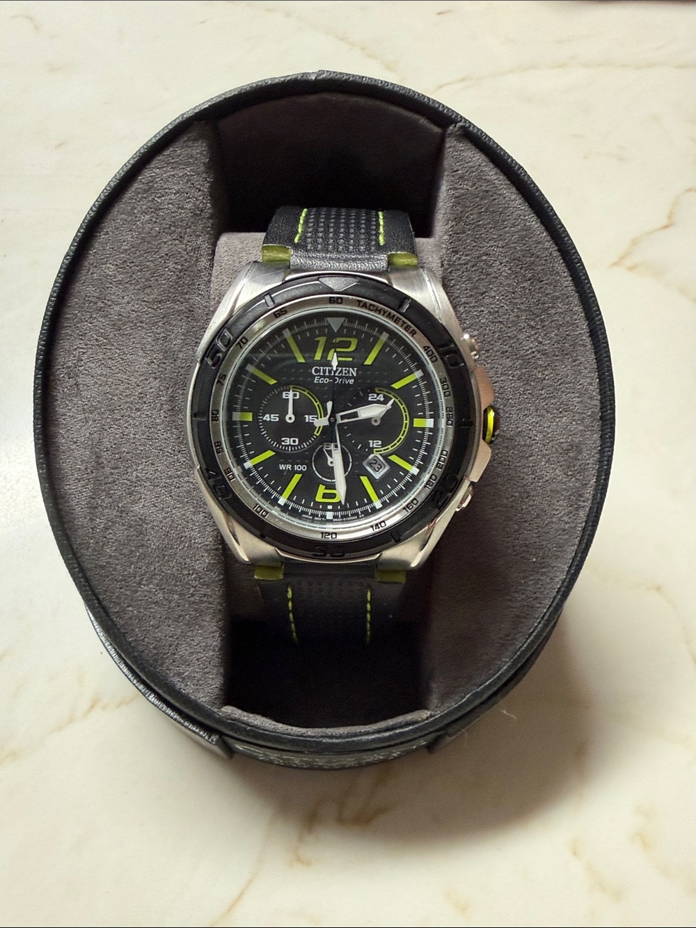 Citizen Black Dial Chronograph Watch with Neon Green Accents